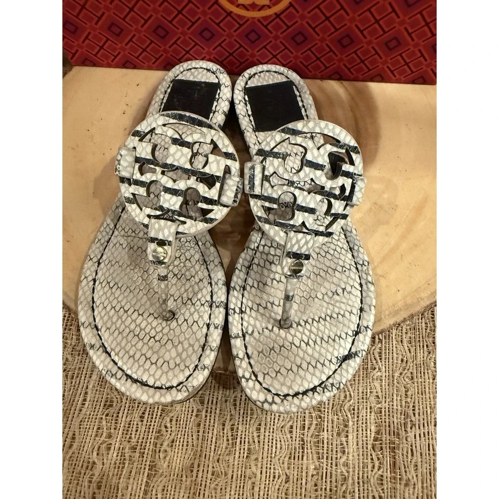 Tory Burch Miller Leather Thong‎ Sandal Warm Roccia Black & White US 7 258$